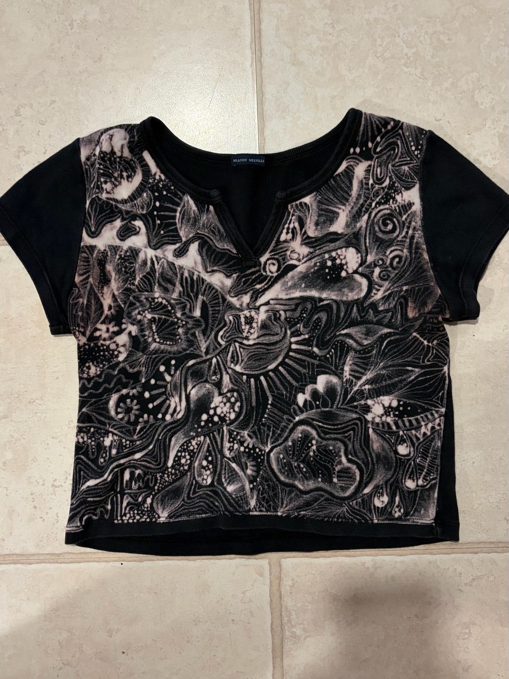 Brandy Melville Black Bleach Painted V-Notch Short Sleeve Tee